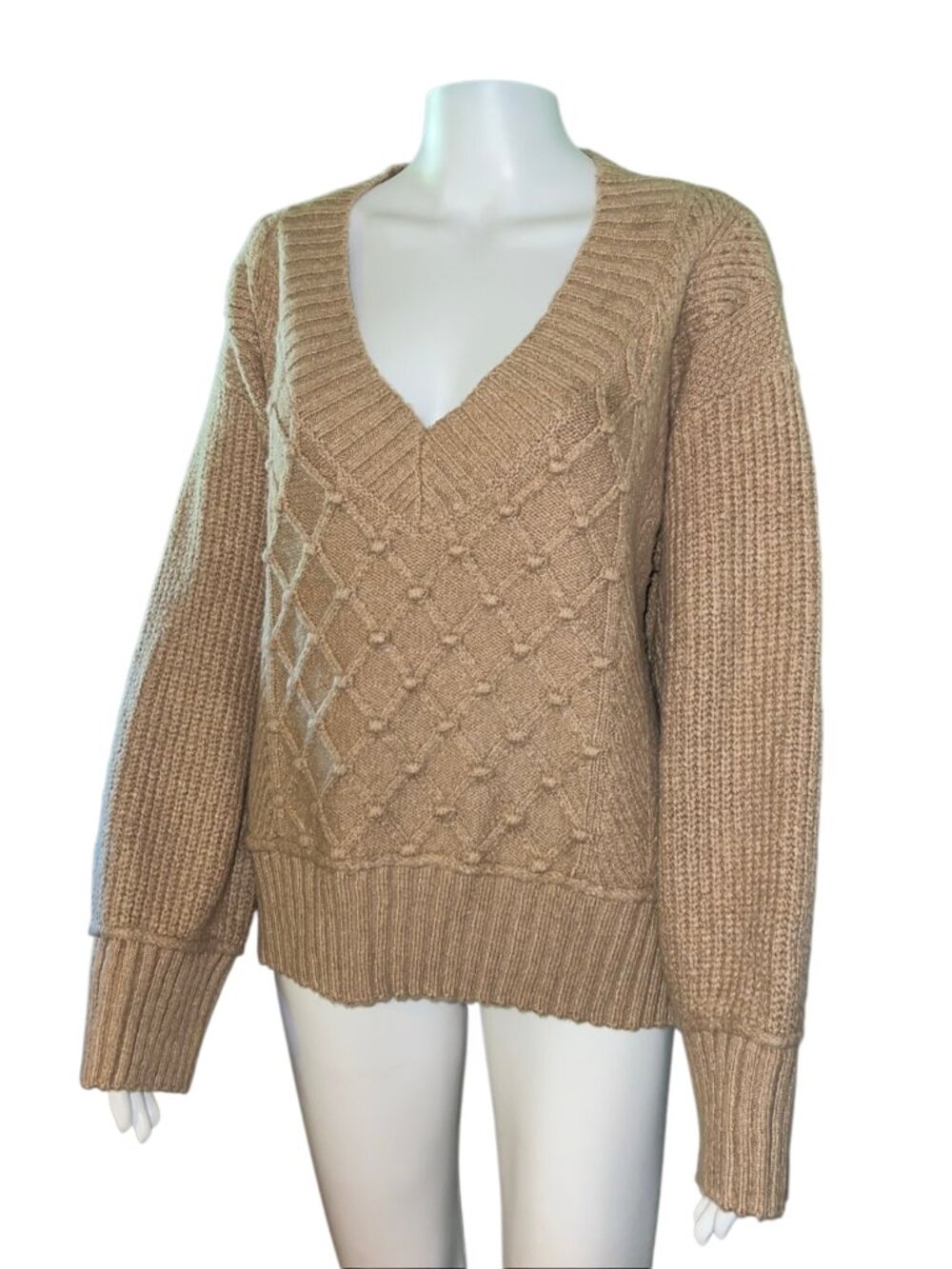 Anthropologie Deep V-Neck Ribbed Tan Sweater Size Small